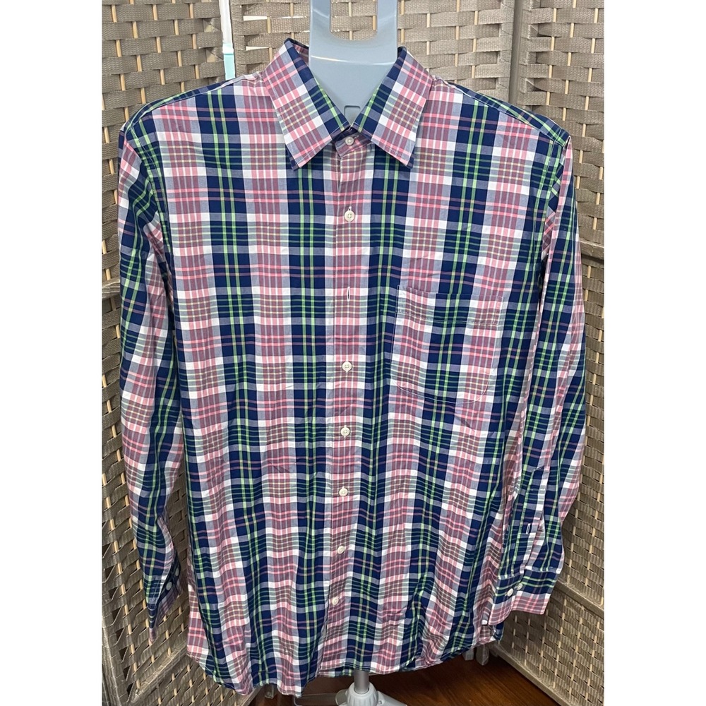 Peter Millar Mens Plaid Button Down Shirt Medium Navy Pink Green